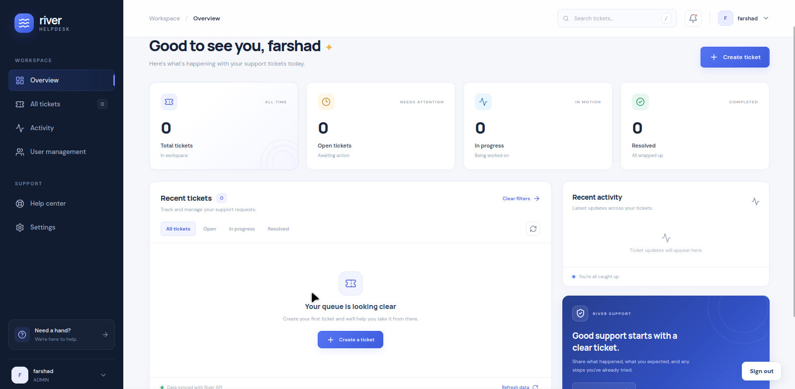 River helpdesk application interface